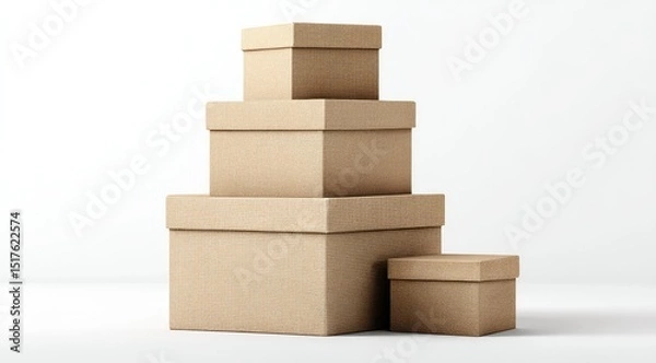 Fototapeta Stacked square cardboard boxes on a white background, showing varying sizes and a textured surface