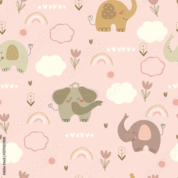 Fototapeta Cute pattern with elephants, flowers, clouds and rainbows. Vector illustration with hand drawn cartoon animals and flowers. 