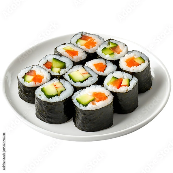 Fototapeta Plate of Fresh Sushi Rolls with Cucumber and Carrot Fillings