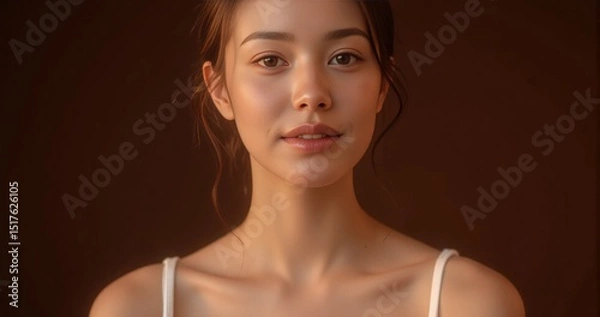 Obraz Skincare stock photo attractive female in sleeveless top exudes healthy glow in studio with neutral brown backdrop commercial use