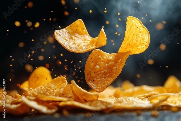 Obraz Golden crispy chips falling against dark background