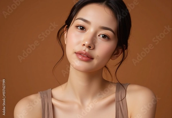 Obraz Natural beauty campaign visual glowing skin highlighted on woman in casual tanktop posing confidently against warm brown background