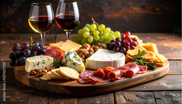 Obraz Elegant Charcuterie Board with Cheese, Cured Meats, and Wine