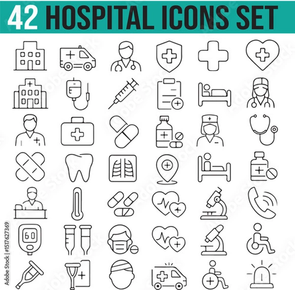 Obraz Hospital, Healthcare, Medicine, Doctor Icons Set With Editable Stroke. This Set Includes: Dentist, Hospitable Bed, Pills, Injection and more. Pixel Perfect