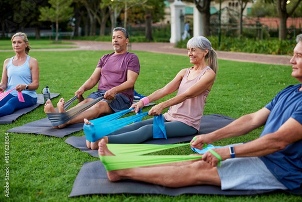 Fototapeta Mature people in circle using stretch band at park