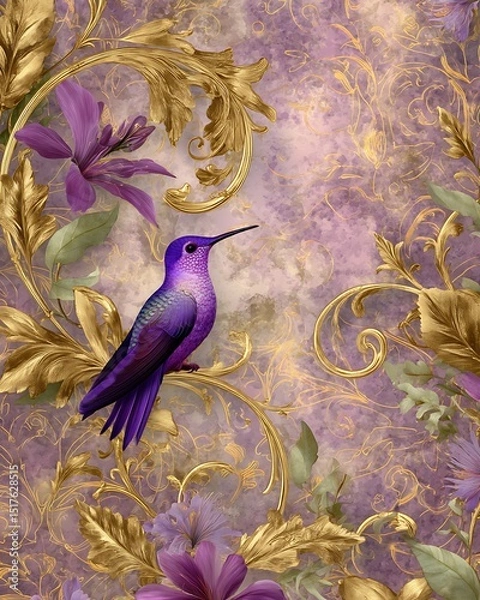Fototapeta Digital paper in Rococo fantasy style, purple hummingbird resting on elegant scrollwork with ornamental golden leaves, subtle background with vintage floral overlays, romantic and feminine tone, 