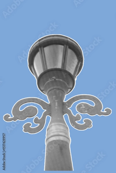 Fototapeta close up of vintage lamp post pixelate color halftone dotted texture style collage element on blue background