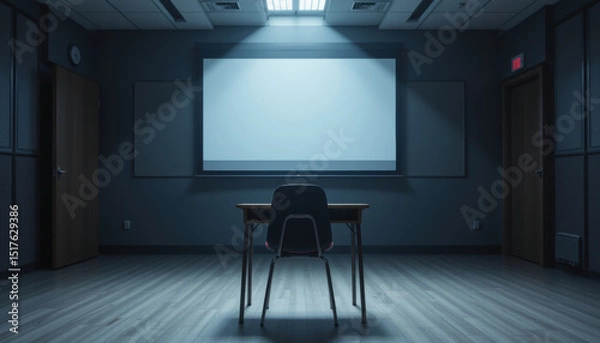 Fototapeta Single chair facing blank presentation screen in dimly lit conference room, creating quiet, empty, and professional atmosphere perfect for meetings or presentations