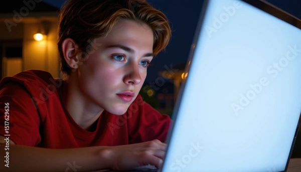 Obraz Young person with short hair and blue eyes is focused on laptop screen in dimly lit room at night, showing concentration and engagement with digital content