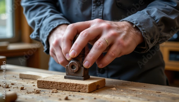 Obraz Close up of hands using woodworking plane on wooden surface in workshop, showing detailed craftsmanship and woodworking tools, with natural light coming through window