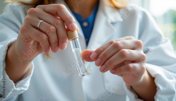 Obraz Closeup of scientist holding test tube with clear liquid, wearing white lab coat, in bright laboratory setting, demonstrating scientific research and experimentation