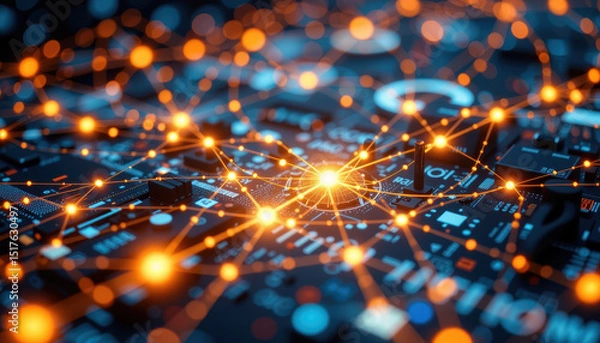 Fototapeta Close up of digital circuit board with glowing orange network connections and data points, representing technology, connectivity, and digital communication, with futuristic and high tech feel