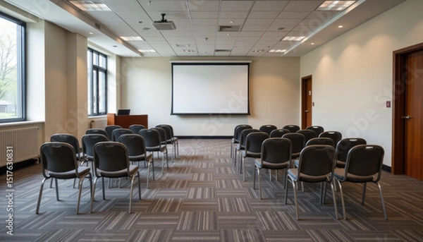 Obraz Modern conference room with rows of black chairs facing large projection screen, bright natural light from windows, neutral wall colors, and professional setting for meetings or presentations