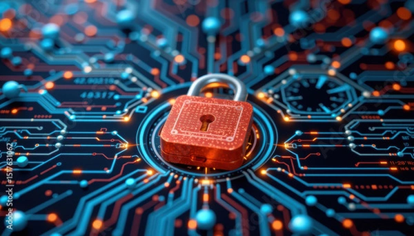 Obraz Digital security concept with red lock on circuit board representing cybersecurity and data protection in technology environments