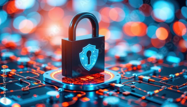 Obraz Cybersecurity concept with digital lock on circuit board, representing data protection and digital security, with glowing elements and futuristic design, emphasizing technology and safety