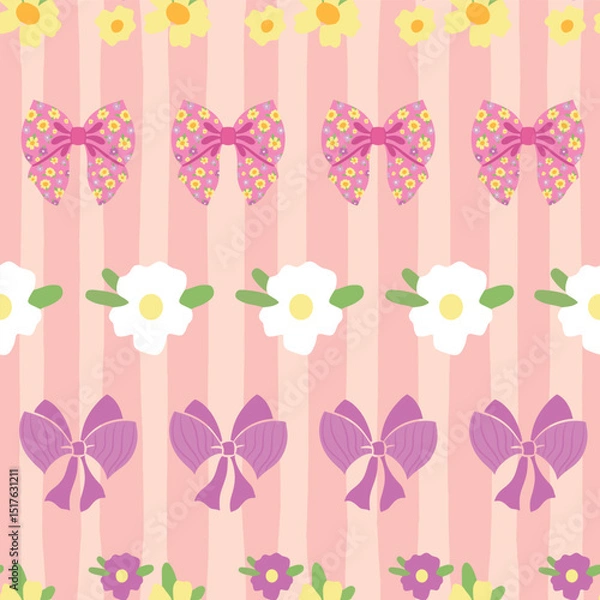 Obraz Cute seamless pattern with bows and flowers on striped background