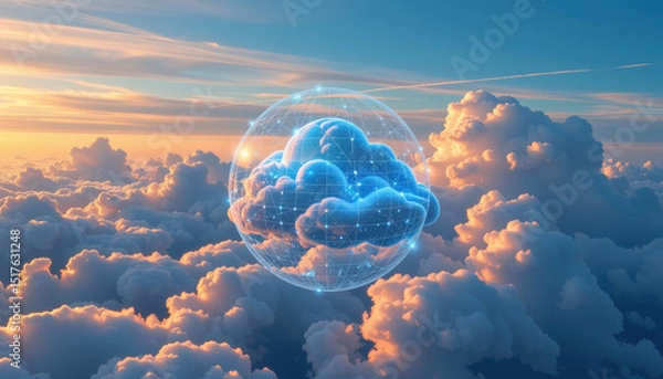 Obraz Digital cloud icon floating among sky with clouds and sunset representing cloud computing or cloud storage technology futuristic and innovative concept digital data technology network data storage