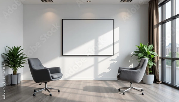Obraz Modern, minimalistic office or meeting room with two gray chairs facing each other, large windows with curtains, potted plants, and blank whiteboard on wall, illuminated by natural sunlight