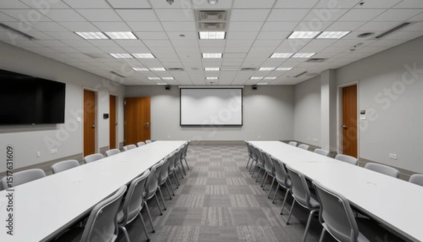 Obraz Modern conference room with long white tables, gray chairs, large screen, and wooden doors, designed for meetings or training sessions, with bright lighting and professional atmosphere