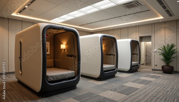 Fototapeta Modern, quiet lounge area features three futuristic, pod like seating units with enclosed, cozy interiors, soft lighting, and neutral color palette, creating comfortable and private space
