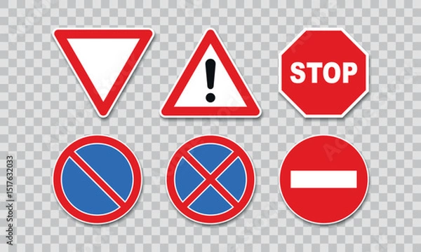 Fototapeta Set of warning, priority and prohibitory road signs vector illustration isolated on transparent background.