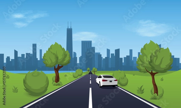 Fototapeta Skyline on the horizon, suburban area and car on the road vector illustration.