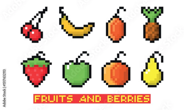 Fototapeta Set of pixelated fruits and berries vector illustration isolated on white background.