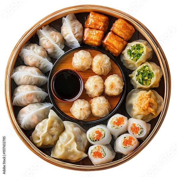 Fototapeta Assorted Dim Sum Platter with Dumplings, Tofu, and Sauce