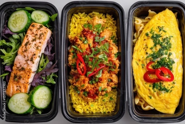 Fototapeta Three meal prep containers showcasing diverse dishes