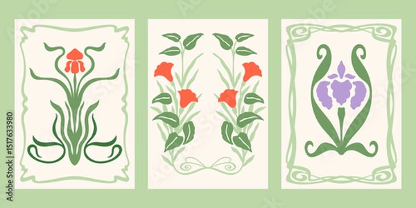 Fototapeta Art Nouveau style vector posters set. Vintage print designs with flowers, abstract florals compositions, whimsical frames