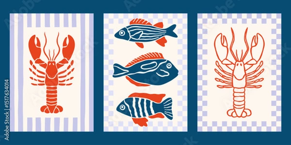 Fototapeta Sea food Italian vector posters set. Minimalist retro summer print designs with lobster, fishes illustrations