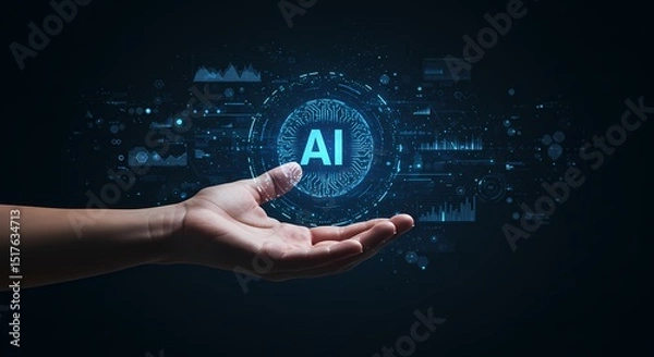 Fototapeta Hand holding digital representation of artificial intelligence against dark background showing data visualizations