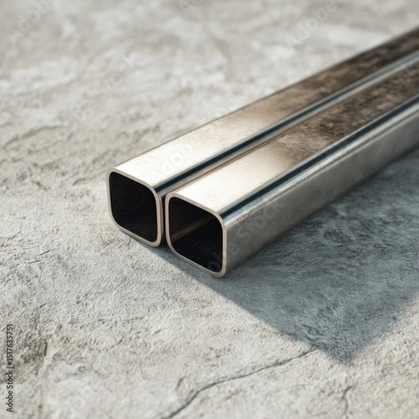 Fototapeta Two parallel square metal pipes on a light gray surface
