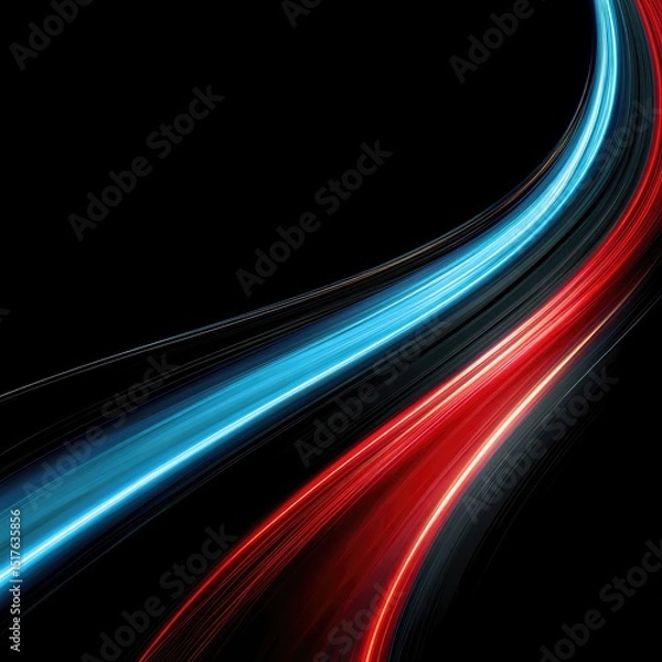 Fototapeta Abstract dynamic curves of light, blue and red, against a black background