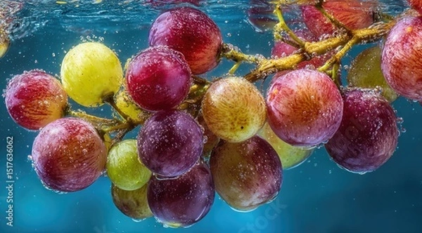 Fototapeta Fresh grapes submerged in water, bubbles