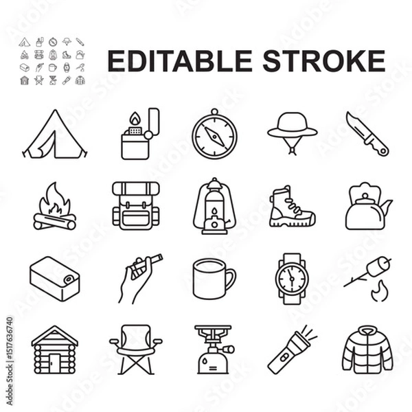 Fototapeta Camping related icons collection. Thin line style vectors. Contains icons such as backpack, tent, portable stove and more.