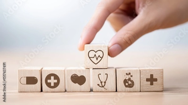 Obraz A hand reaches out to grasp a wooden cube marked with a heart monitor icon, surrounded by other health-related cubes. This moment captures the essence of medical awareness and wellness