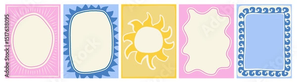 Fototapeta Set of colorful frames with wavy edges. Ornaments, patterns. Doodle, cute retro borders. Design for card, invitation, cover, packaging. La dolce vita style. Sticker. Quote box. Logo. 