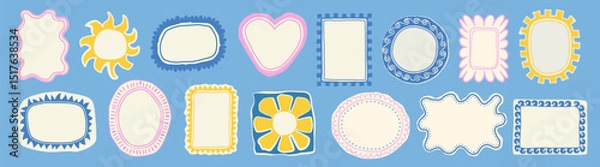 Fototapeta Set of colorful frames with wavy edges. Ornaments, patterns. Doodle, cute retro borders. Design for card, invitation, cover, packaging. La dolce vita style. Sticker. Quote box. Logo. 