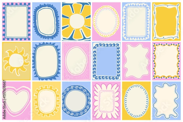 Fototapeta Set of colorful frames with wavy edges. Ornaments, patterns. Doodle, cute retro borders. Design for card, invitation, cover, packaging. La dolce vita style. Sticker. Quote box. Logo. 