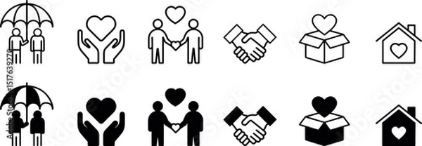 Obraz Bold vector icon collection depicting humanitarian help, charity actions, family support, shelter, donation, and protection themes with a combination of outline and filled 