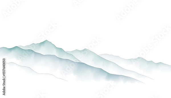 Fototapeta Serene watercolor mountain landscape with soft blue-green tones and misty layers. Minimalist style evokes tranquility and natural beauty, ideal for backgrounds and elegant design projects