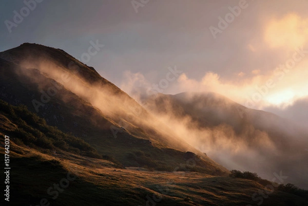 Fototapeta Ai image generated,Cloudy sky on the mountain with golden light of the rising sun in the morning after the rain.