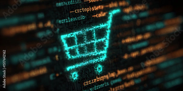 Fototapeta Teal shopping cart icon formed by glowing pixels on dark digital code background, symbolizing online shopping, e-commerce, and digital technology