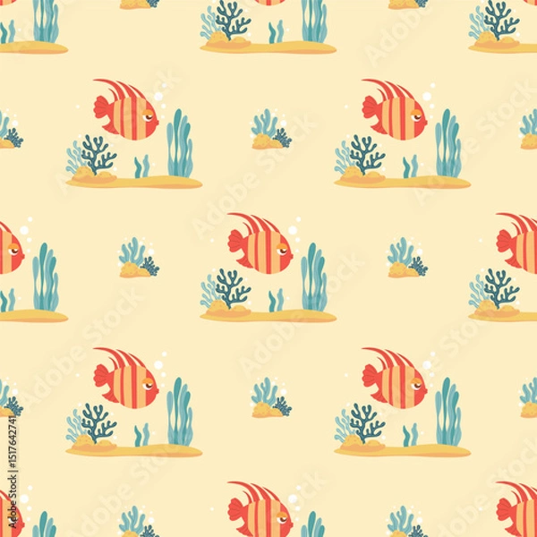 Fototapeta Sea Seamless Pattern with Cute tropical striped fish and Plant algae and Coral on Light yellow Background. Vector Illustration. Kids collection