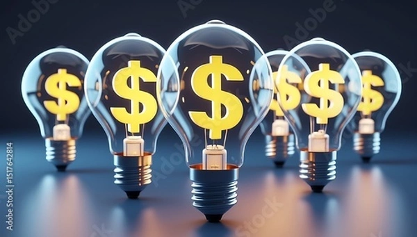 Fototapeta A 3D render of lightbulbs morphing into dollar signs, symbolizing monetizable ideas