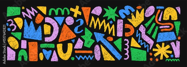 Fototapeta Hand drawn set of colorful crayon abstract shapes. Vector collection of contemporary texture figure in doodle style. Design elements perfect for banner, print, stickers, decor
