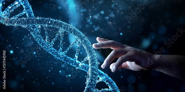 Obraz Scientist hand touching DNA digital hologram on dark blue background. Generative ai DNA