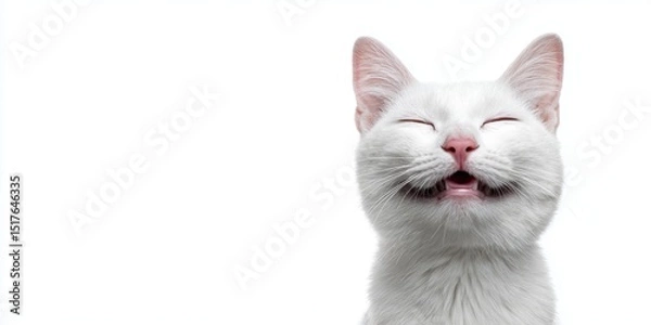 Obraz A close-up of a cat with a joyful expression, eyes closed and mouth slightly open as if smiling, set against a clean white background