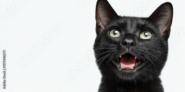 Obraz A close-up of a cat with a joyful expression, eyes closed and mouth slightly open as if smiling, set against a clean white background